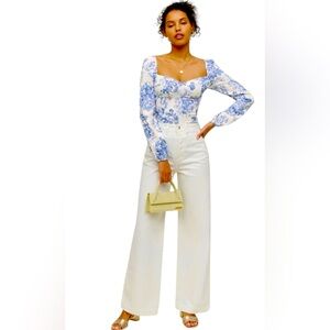 REFORMATION Floral Print Reign Top, Long Sleeve Elasticic Back, Size 2